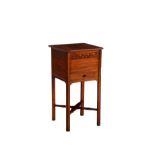 An Edwardian George III-style sewing table, the square top hinged on one corner to open, over a