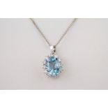 An 18ct white gold, aquamarine and diamond cluster necklace, featuring a central oval cut aquamarine