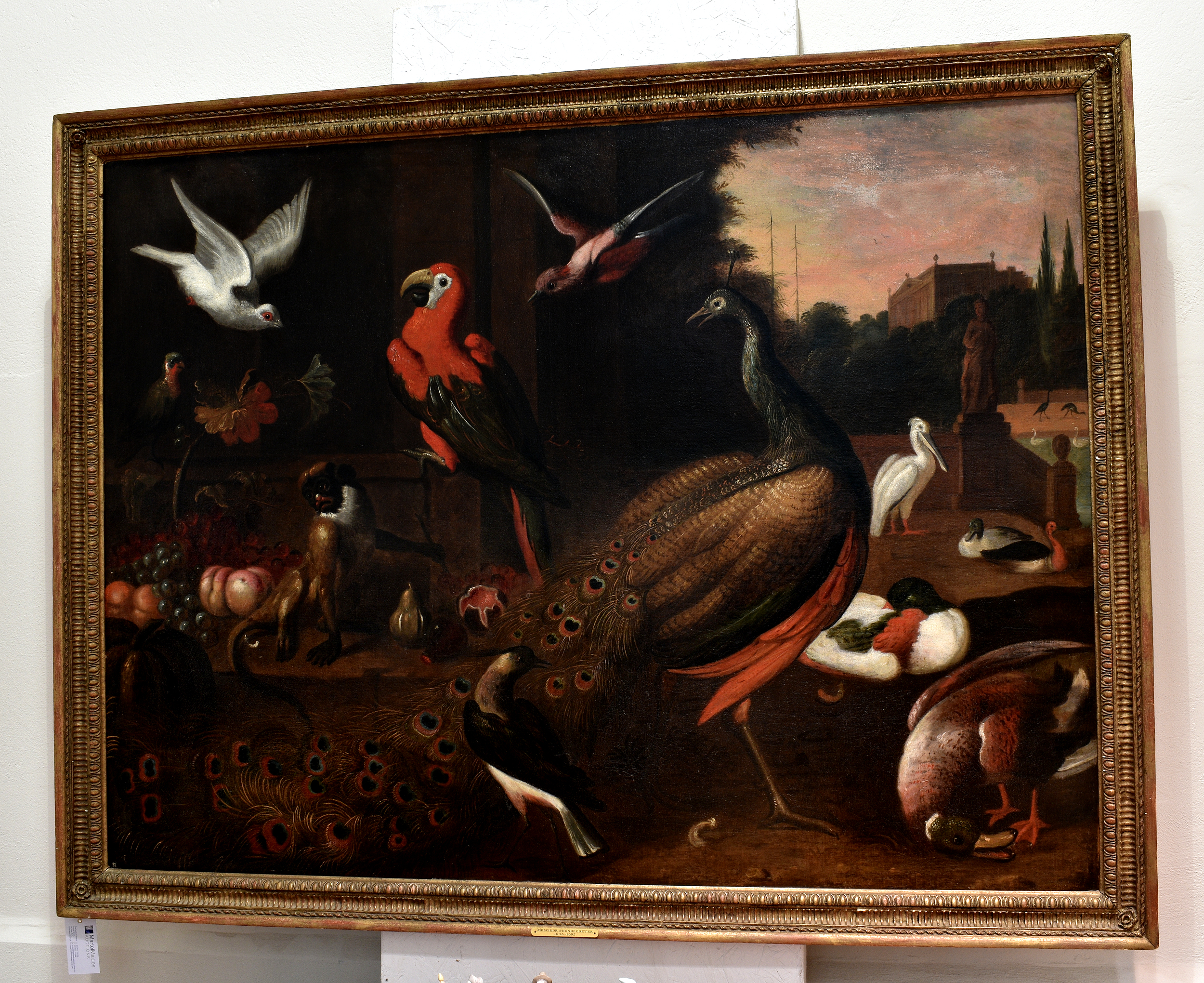 Follower of Melchior de Hondecoeter (Dutch, 1636-1695), A peacock, a monkey and other birds on a - Image 4 of 13