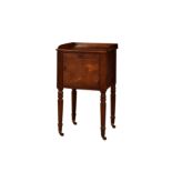A late Regency mahogany bedside pot cupboard, the three-quarter tray top over a single cupboard