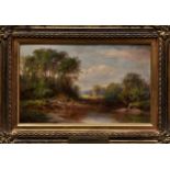 English School, mid 19th century, River Landscape with distant Haymakers . oil on board, signed with