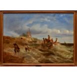 English School, late 19th century, Pulling in the Nets . oil on canvas, unsigned, frame bears plaque