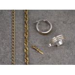 A small collection of 9ct gold jewellery, comprising a pair of white gold hoop earrings; a short