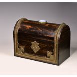 A Victorian brass bound coromandel wood stationary box, the domed top box with brass strapwork and