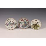 Three Chinese porcelain famille rose dishes, the first decorated in polychrome enamels depicting a