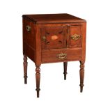 A Victorian mahogany and oak Aesthetic style night table, alterations, the square moulded top over