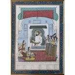 A large Indian gouache painting, 20th century, depicting a nobleman and female attendants in a