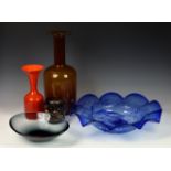 A collection of mid-century art glass, comprising a Swedish Alsterfors orange vase, with tapering