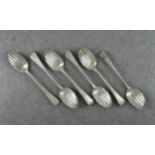 A set of six George III silver Old English pattern bright cut shell bowl teaspoons, William Eley,