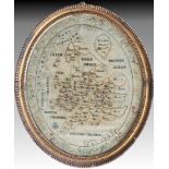 A George III silkwork map of England and Wales by Mary Ann Thompson, oval, worked in coloured