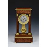 A mid-19th century rosewood, ormolu and marquetry portico clock by Leroy of Paris, the signed