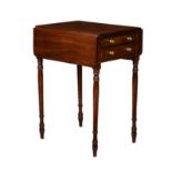 A George III mahogany Pembroke style work table, the rectangular dropflap top over two fitted end