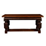 A good Elizabethan style oak draw leaf dining table, 20th century, the four plank top over a