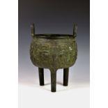 A fine Chinese bronze tripod food vessel or censer of archaic form - Ding, probably Ming dynasty,
