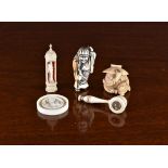 A small collection of antique ivory curiosities, to include two Japanese carved ivory netsukes of