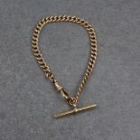 An antique 9ct rose gold watch chain, by Joseph Cook & Son, Birm., with curb links and T-bar