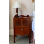 A George III mahogany tray top night table, the top with pierced handles over a pair of satinwood