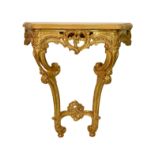 A pair of Louis XV style carved giltwood and marble console tables, 20th century, the ochre marble