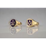 A pair of 9ct yellow gold Masonic rings, One size T, one size R (2).