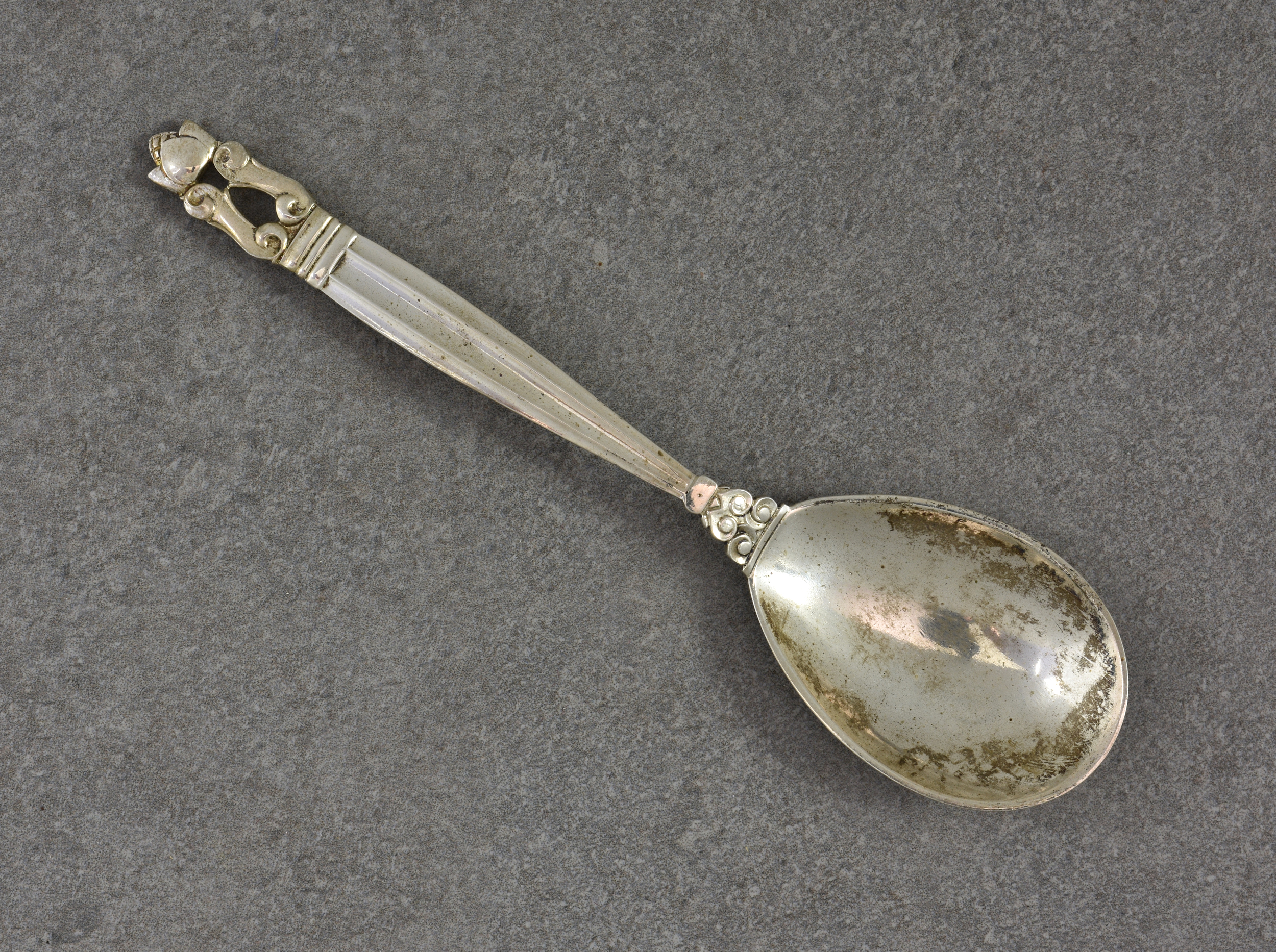 A Georg Jensen silver preserve or caddy spoon, London import marks for Stockwell & Co., 1930, with
