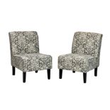 A pair of modern easy chairs, the buttoned backs and seats in grey and ivory floral upholstery,