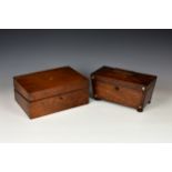 A 19th century rosewood sarcophagus-shaped tea caddy, of typical form, the front with metal string