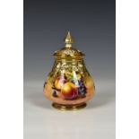 A Royal Worcester pot pourri vase and cover, hand painted fruit study by "K. McGee", highlighted