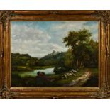 Maffei (20th century), Extensive river landscape with a castle distant oil on canvas, signed lower