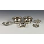 A collection of silver smalls, comprising of a pair of wine coasters by Francis Howard Ltd,