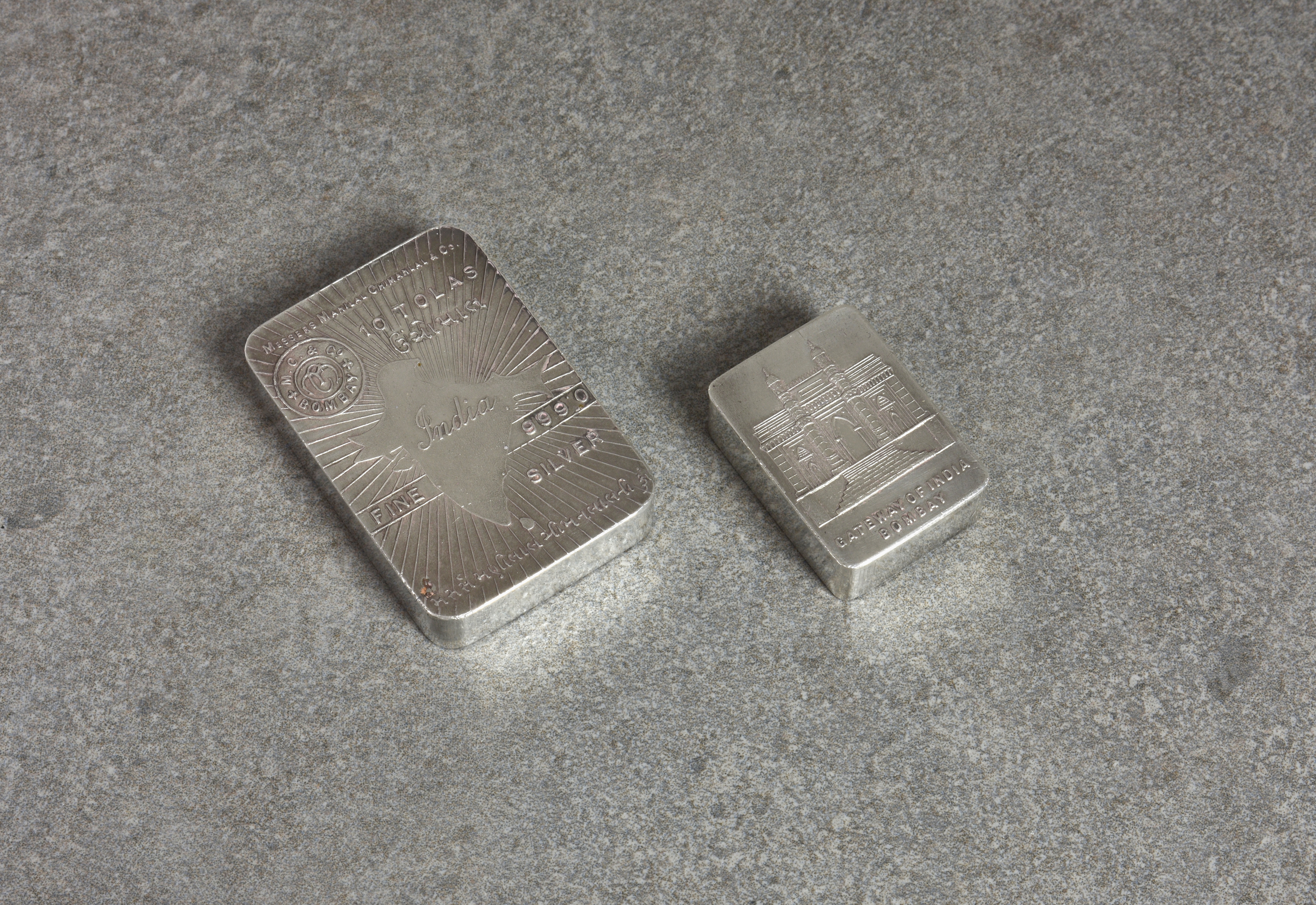 Bombay 10 & 5 Tolas 999.0 pure silver ingots. (2),