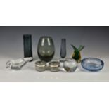 A collection of vintage mid-century glass vases, to include a Holmegaard smokey grey vase by Per