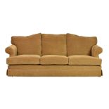 A good quality scroll arm three seater sofa, modern, with three seat cushions, raised on castors,