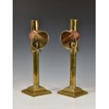 A pair of Victorian brass & copper Barrett & Sons reading lamp candles / student lamps, each