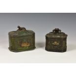 Two early 19th century cast iron tobacco boxes, of octagonal sarcophagus form, both having