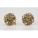 A pair of antique silver gilt, pearl and gem set cluster earrings, circa 1900, probably Indian,