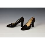 A pair of Tods ladies dark brown suede court shoes, with high heel, black patent leather trim, UK