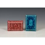 Two 19th century Minton Hollins & Co pottery tile paperweights, both of rectangular form with