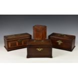 Three George III mahogany tea caddies for restoration, of sarcophagus form, the first with ornate