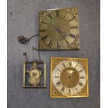 Two 18th century brass weight driven 30 hour clock movements, both square dial with Roman