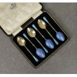 A cased set of six silver and enamel demitasse spoons, Turner & Simpson Ltd., Birmingham 1932,