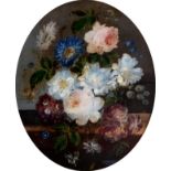 English School (19th century), Still life of roses and other garden flowers on a ledge reverse