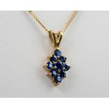 A 9ct yellow gold and sapphire pendant necklace, the pendant made up of 9 round cut sapphires and