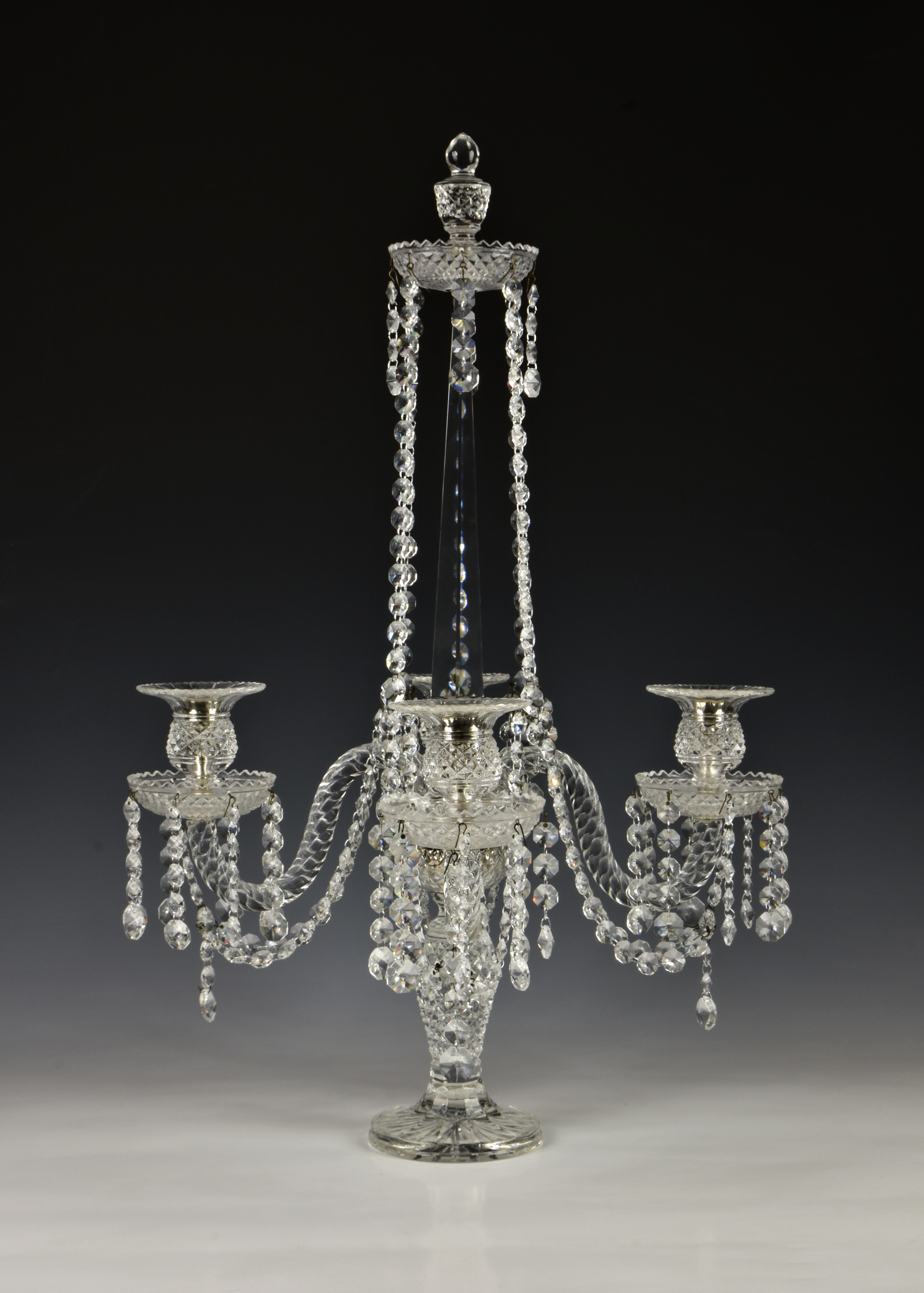 A cut crystal centrepiece four branch table candelabra, 20th century, stamped 'Made in Germany',