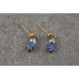 A pair of 9ct yellow gold, sapphire and diamond drop earrings, featuring square cut cornflower