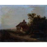 Continental School (19th century), A resting traveller on a country lane oil on mahogany panel,
