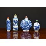 Four Chinese blue and white porcelain snuff bottles, 20th century, to include a cylindrical snuff