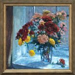 Pat Howells (British, 20th century), 'Chrysanthemums in early light' oil on board, signed and