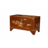 An Oriental carved camphorwood chest, 1920s-30s, the stained exterior with unstained, bas relief