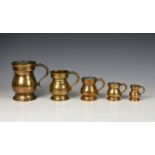 A matched graduated set of Victorian polished bronze bell measures of baluster form, having