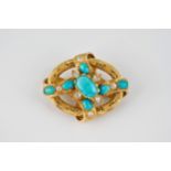 A Victorian 18ct gold, turquoise and diamond brooch, the oval, and interlaced ribbon design frame